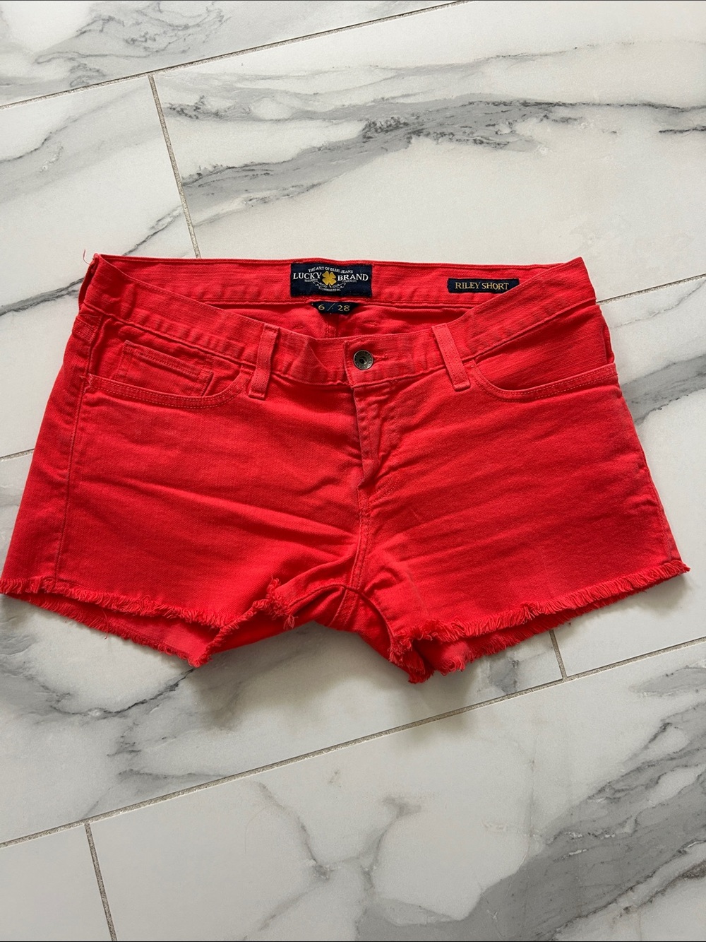 Lucky Brand Red Frayed-Hem Jean Shorts